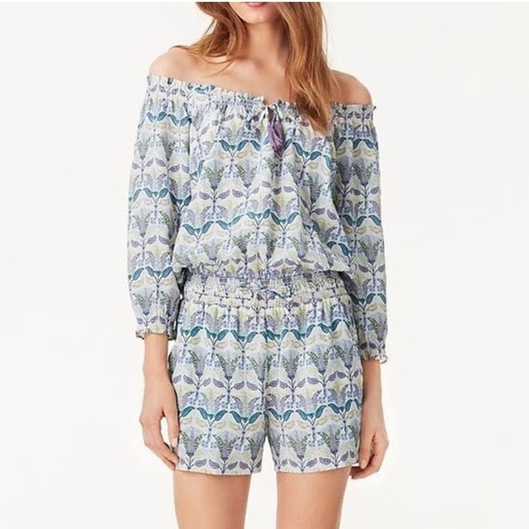 TORY BURCH silk purple Pompei Floral Mosaic Print Smocked waist Romper - Picture 3 of 13